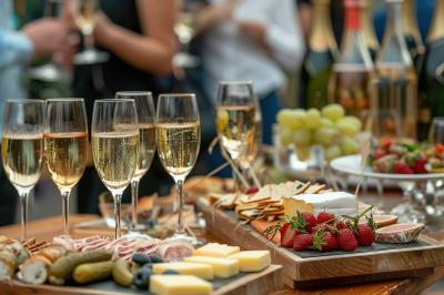 Table garnie de coupes de champagne, fromages, fruits, charcuteries et amuse-bouches lors d'un événement festif.