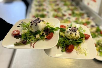 Assiettes de burrata servies sur un lit de salade verte avec tomates cerises et garniture d'herbes fraîches.