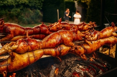 Cochons de lait rôtis à la broche au-dessus de braises, avec un arrière-plan flou de personnes discutant.