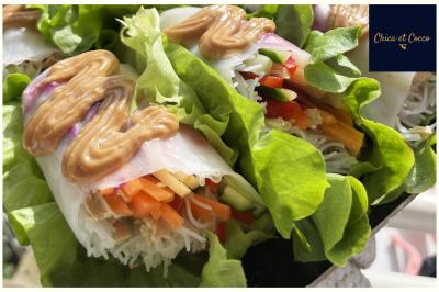 Rouleaux de printemps garnis de légumes colorés, nouilles et sauce cacahuète, présentés sur des feuilles de salade.