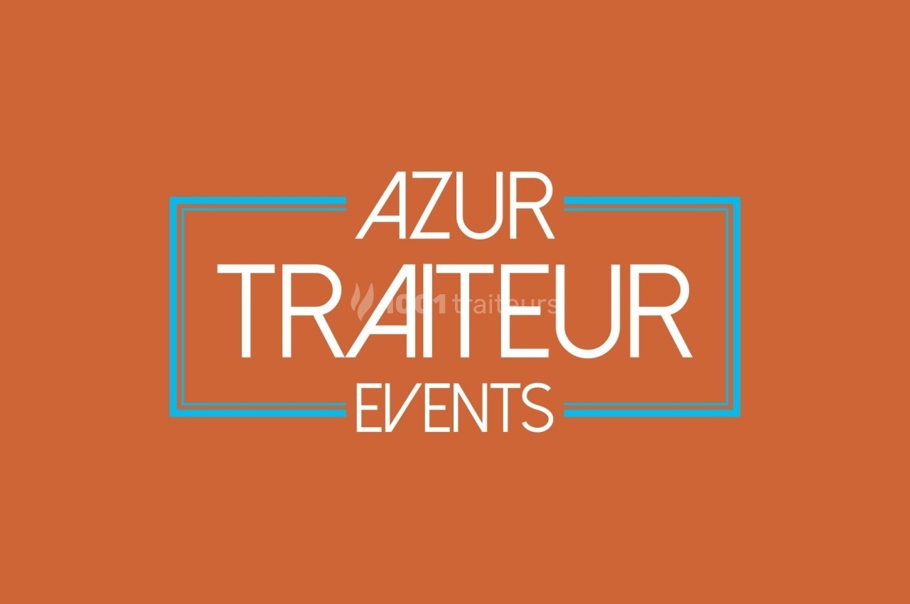 Logo d'Azur Traiteur Events avec texte blanc encadré de lignes bleues sur fond orange uni.
