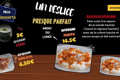 Image d'un menu mettant en avant des plats afghans, avec photos et prix des desserts et raviolis afghans.