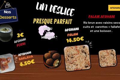 Image présentant un menu avec des desserts et plats afghans, incluant prix et descriptions, sur fond noir et jaune.