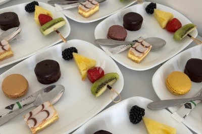 Assortiment de desserts individuels avec macarons, fruits frais et pâtisseries sur des assiettes blanches alignées.