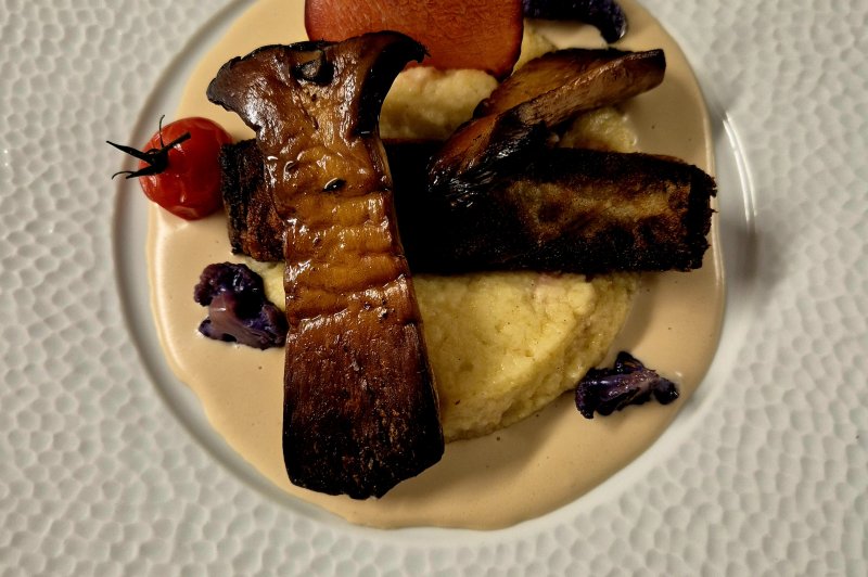Traiteur La Petite Cuillère Traiteur Theix #4 Assiette dressée sur une purée crémeuse nappée d'une sauce claire, avec des champignons grillés, une tranche de légume rôti rouge, un chou violet et une tomate cerise. Let me check length: roughly 170 characters. Too long. Shorten. Assiette sur purée