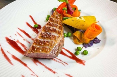 Traiteur Les Sens du Lez Saint-Jean-de-Védas #5 Assiette gastronomique avec magret de canard grillé, purée violette, légumes sculptés et sauce rouge décorative.