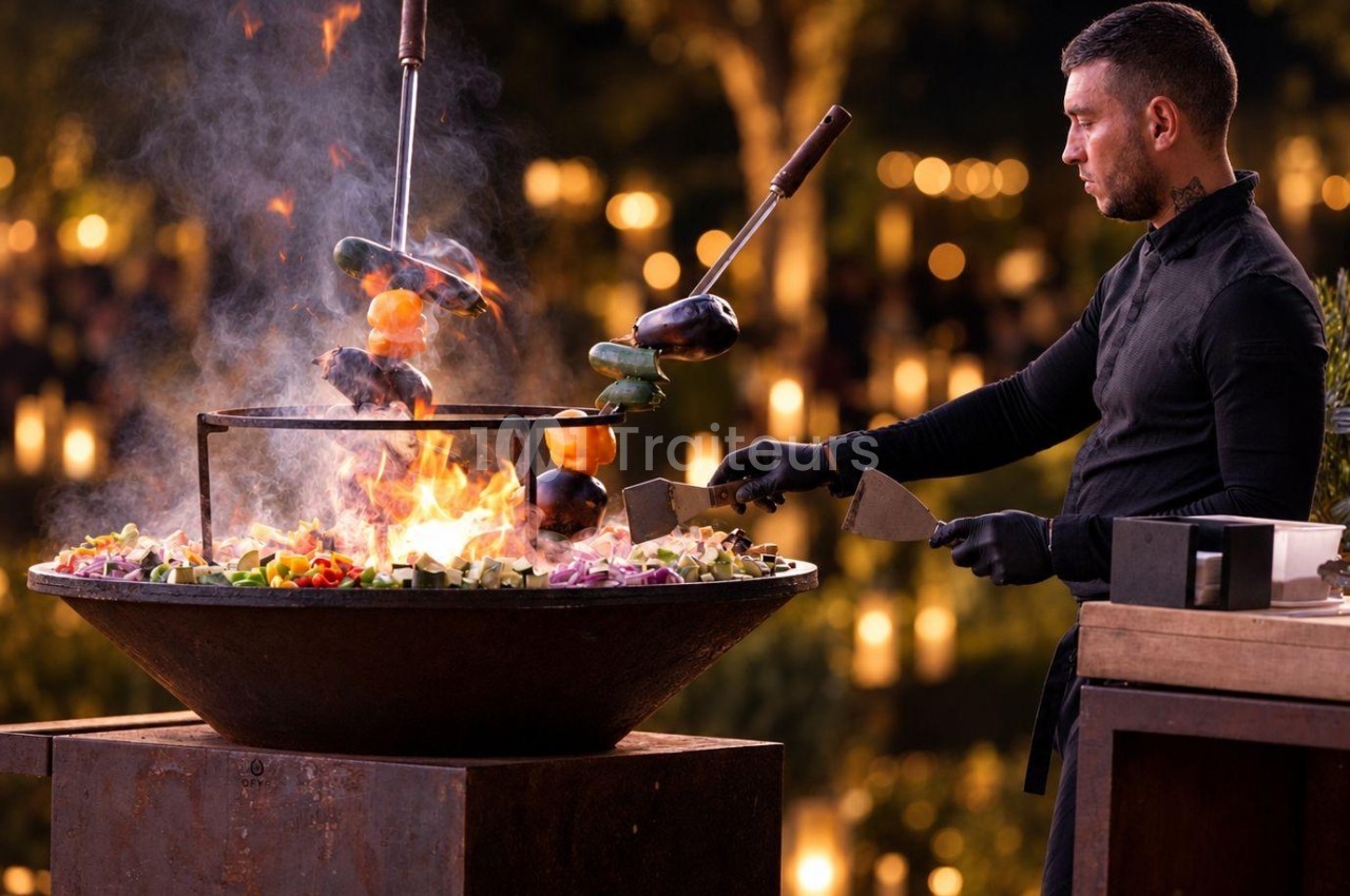 Cuisinier préparant une viande en flammes sur un brasero lors d'un événement en soirée.